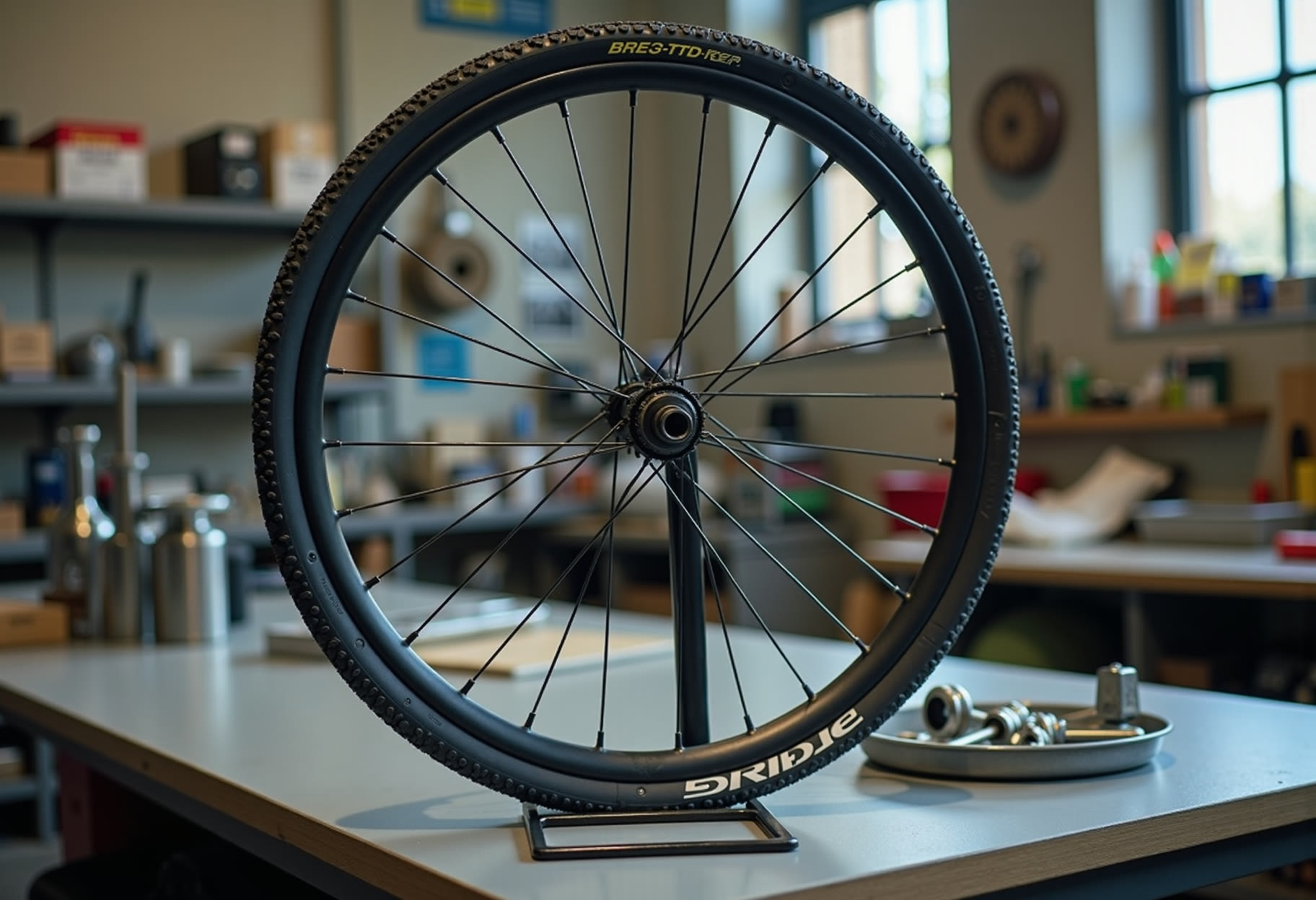 Wheel trued on stand